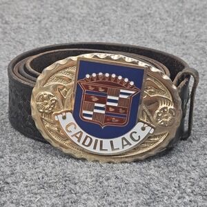 Vintage 80s Cadillac Buckle Leather Belt Sz 44 Bianchi Brown Basketweave Western
